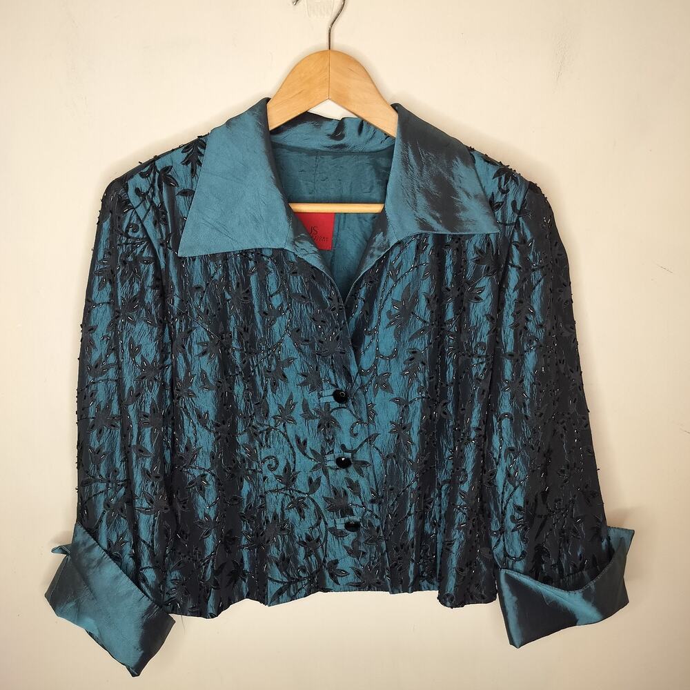 JS Collections Beaded Evening‎ Jacket Teal Embroidered Floral